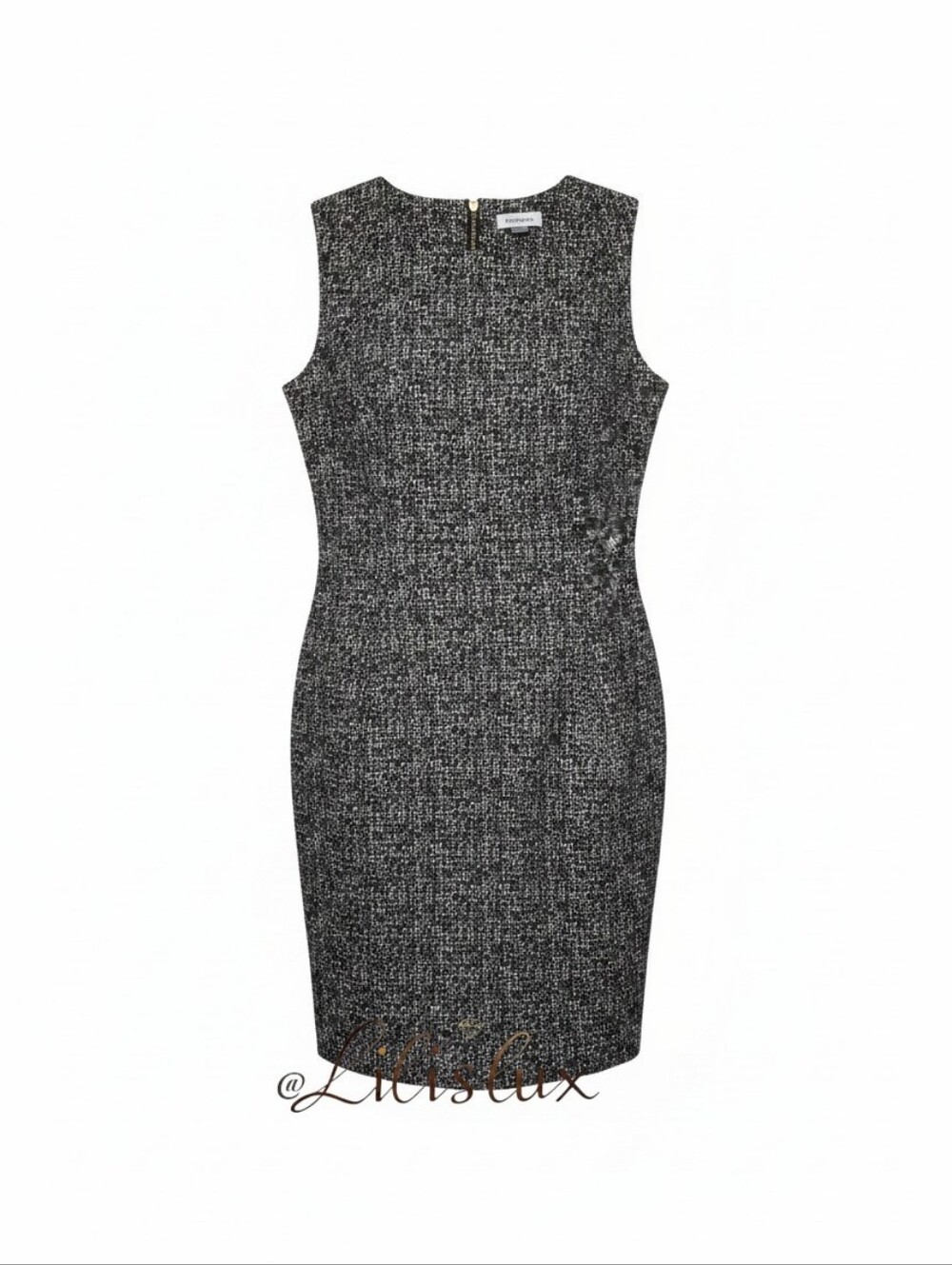 Calvin Klein Black White And Gold Tweed Sheath Dress Knee Length Size 14 GUC